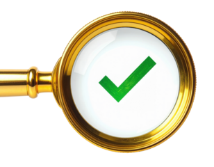 A golden magnifying glass focusing on a circular white area containing a green check mark.