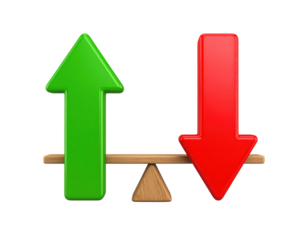 A balance scale featuring a green upward arrow and a red downward arrow, symbolizing contrasting movements or trends.