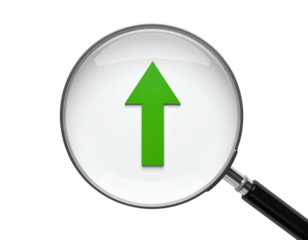 A magnifying glass highlights a green upward arrow, symbolizing growth, focus, and direction in a clean, minimalist design against a black background.
