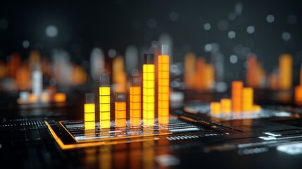 Abstract digital data visualization with colorful rising bar charts representing statistics and analytics in a futuristic technological environment