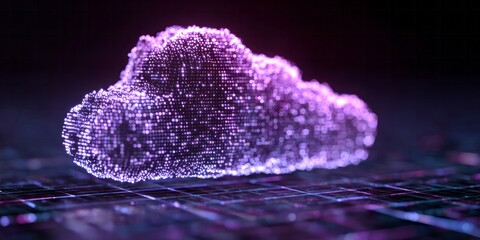 Luminous digital cloud shape glows with brilliant purple light above a futuristic grid surface
