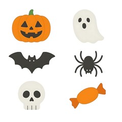 Fototapeta premium Whimsical halloween icons featuring a jack o lantern bat ghost spider skull and candy