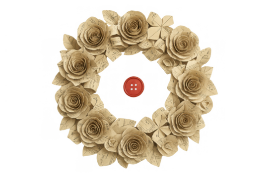 Paper roses wreath with a central red button, handmade craft floral design, vintage style decoration on transparent background - Powered by Adobe