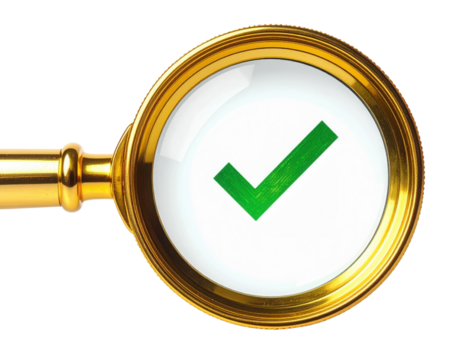A golden magnifying glass focusing on a circular white area containing a green check mark.