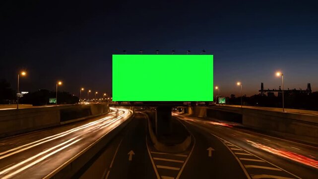 Digital Advertising Concepts with 4k billboard green screen on sidelines of expressway traffic at evening time lapse distortion, overlay, glitch, static noise, scan lines black background, animated