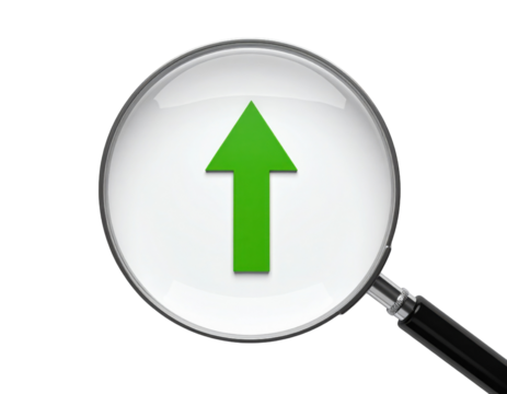 A magnifying glass highlights a green upward arrow, symbolizing growth, focus, and direction in a clean, minimalist design against a black background.
