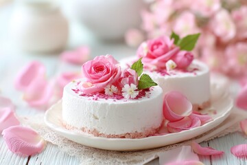 Romantic mini desserts with delicate pink roses and scattered petals.