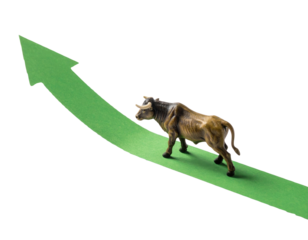 A brown toy bull figurine walking on a green arrow, symbolizing growth or upward movement.