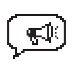 Pixel art speech bubble with megaphone icon announcing news or promotion