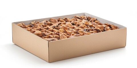 A large cardboard box filled with square waffles is presented on a white surface. The box is rectangular and has a brown cardboard texture. 