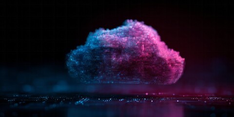 Digital cloud computing concept rendered with glowing particles in dark space