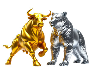 A golden bull and a silver bear are depicted side by side, symbolizing market trends in finance.