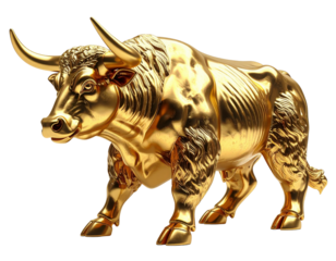 A golden bull statue with intricate details, showcasing its muscular form and powerful stance.