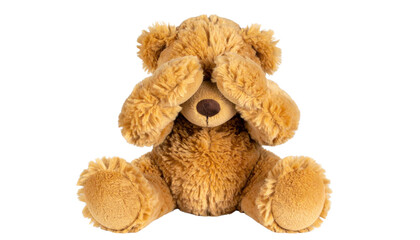 A fluffy teddy bear covering its eyes, embodying innocence and playfulness.