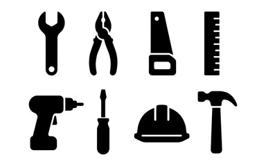 Fototapeta premium Silhouette construction tools: essential wrench, pliers, drill, and more