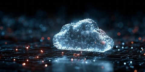 Glowing digital cloud shape hovers above a dark technological surface illuminated by small lights