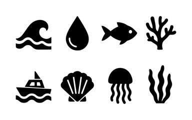Fototapeta premium Marine silhouettes: water, fish, and nautical elements set in bold style