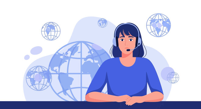 Worldwide Customer Support Representative with Headset in Contemporary Design Style