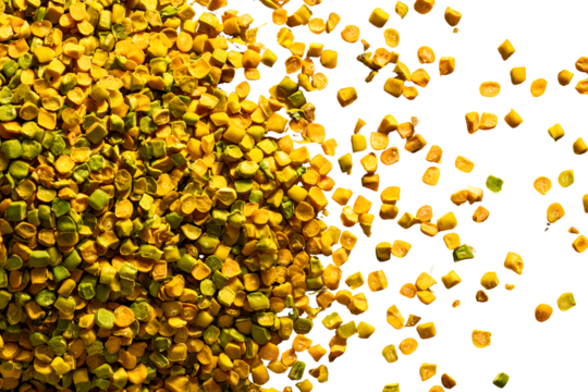 A top-down photo of yellow lens-shaped moong (mung bean), isolated on a transparent background