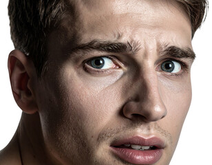 Obraz premium A close-up of a young man's face, displaying concern or anxiety, with dramatic lighting accentuating his features.