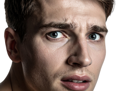 A close-up of a young man's face, displaying concern or anxiety, with dramatic lighting accentuating his features.