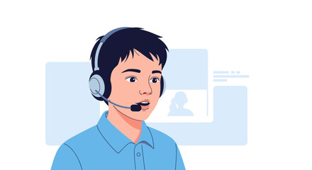 Young Male Agent Wearing Headset Communicating With Clients In A Digital Conversation