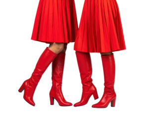 Fashionable red knee-high boots paired with elegant pleated skirts, showcasing a striking and stylish ensemble.