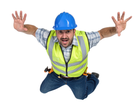A construction worker in a safety vest and hard hat appears to be leaping or falling, expressing surprise or alarm with his arms raised.