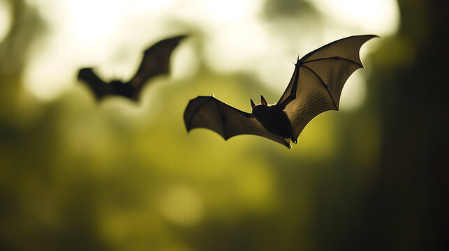 Two bats in flight against a green, blurred background. The foremost bat is in sharp focus, showcasing its wings and body, while the second bat is a blurred silhouette, adding depth.