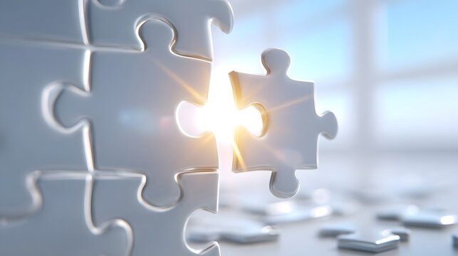 Symbolic image of a puzzle piece fitting into place with a radiant light shining through the gap representing solutions clarity and successful completion of a concept or project