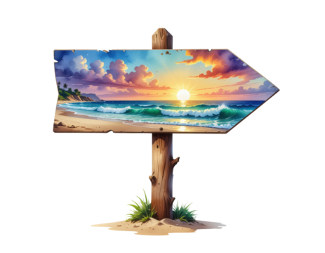 A vibrant wooden signpost featuring a picturesque beach scene with waves and a sunset.