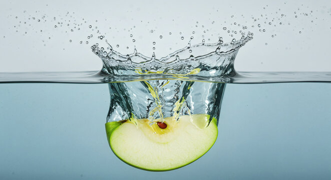 Dynamic splash captures vibrant green apple slice falling into crystal clear water creating refreshing motion