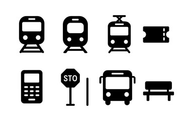Public transport icons set featuring buses, trains, and tickets in bold silhouette style
