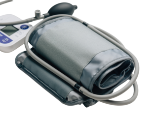 A medical blood pressure monitor with a cuff, gauge, and bulb, designed for measuring blood pressure efficiently.