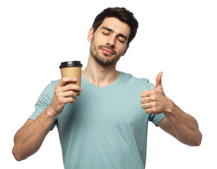 A man in a light blue shirt holds a coffee cup, displaying a thumbs-up sign with a confident and satisfied expression.