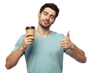 A man in a light blue shirt holds a coffee cup, displaying a thumbs-up sign with a confident and satisfied expression.