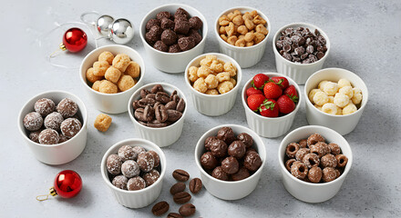 Variety of delicious treats in small white bowls ready to eat.