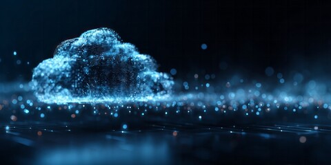 Digital cloud computing concept illuminated by numerous glowing particles against a dark background