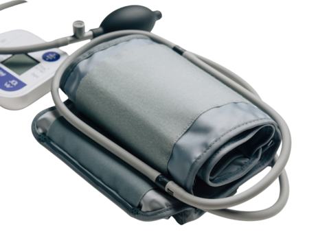 A medical blood pressure monitor with a cuff, gauge, and bulb, designed for measuring blood pressure efficiently.