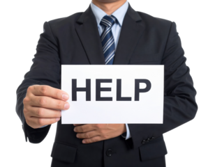 A man in a suit holds a sign that reads "HELP.