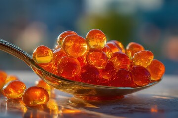 Radiant orange translucent spheres glistening intensely on a golden spoon.