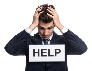 A distressed man in a suit holds a "HELP" sign, expressing feelings of anxiety or desperation.