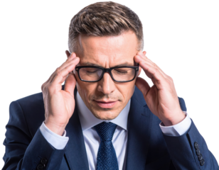 A business professional appears stressed, holding his head with both hands while wearing glasses, dressed in a formal suit against a dark background.