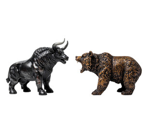 Two stylized animal figures: a black bull and a brown bear, positioned facing each other, highlighting their fierce expressions and details.