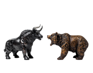 Two stylized animal figures: a black bull and a brown bear, positioned facing each other, highlighting their fierce expressions and details.