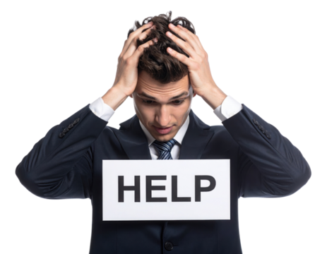A distressed man in a suit holds a "HELP" sign, expressing feelings of anxiety or desperation.