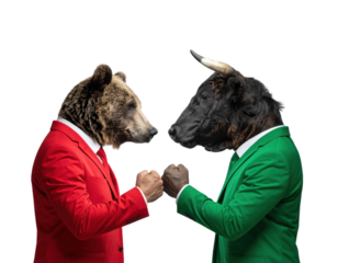 Two anthropomorphic animals, a bear in a red suit and a bull in a green suit, face each other in a competitive stance.