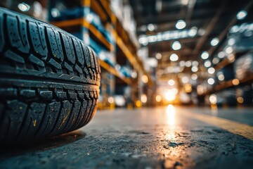 Close-up of a tire on a grimy warehouse floor with bokeh lights and industrial shelves