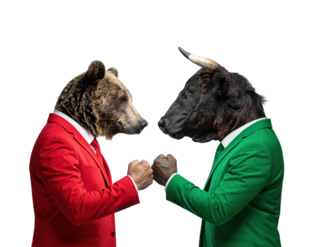 Two anthropomorphic animals, a bear in a red suit and a bull in a green suit, face each other in a competitive stance.
