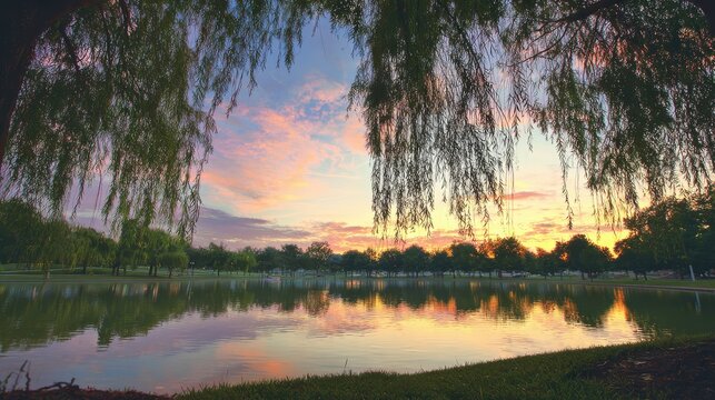 willow. Tranquil lakeside scene with weeping willow and pastel sky mirrored in calm waters. travel magazines, destination branding, designed for outdoor magazines and nature guides.